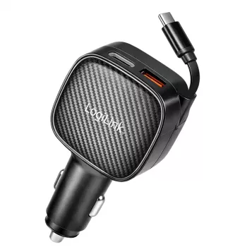 LogiLink USB punjač za auto, 3 porta, uključujući uvlačivi USB-C kabel, 60W, PD, QC, crni