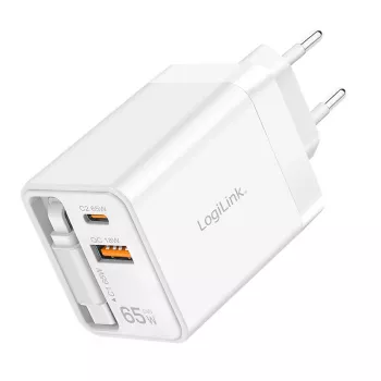 LogiLink USB-A/C punjač 65 W GaN 3-portni bijeli s USB-C kabelom