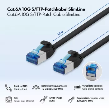 LogiLink Cat.6A Slim S/FTP LSZH patch kabel, crni, 15 m, SlimLine