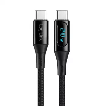 LogiLink USB 2.0 Type-C kabel s indikatorom snage, C/M na C/M, 480 Mbps, 240W PD 3.1, najlonski pleteni, crni, 1 m