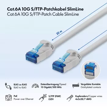 LogiLink Cat.6A S/FTP LSZH Slim Ethernet patch kabel, sivi, 20 m
