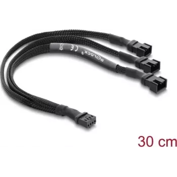 Delock razdjelnik za ventilatore 1 x 4-Pin PWM utičnica na 2 x 4-Pin PWM utikač (drugi s 3 pina) pleteni omotač 30 cm crni