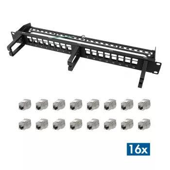 LOGILINK modularna 16-portna Cat.6A Keystone patch ploča, 19/1U, s 3 prstena za kabele, crna