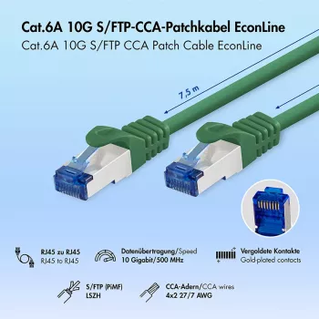 LogiLink Cat.6A S/FTP LSZH patch kabel, CCA, 7,5 m, zeleni, EconLine
