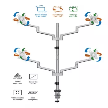 Logilink držač za četiri monitora, 17-32 inch, aluminij, srebrni