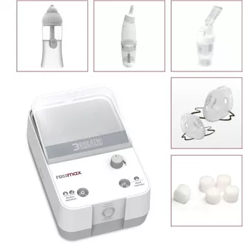 Rossmax NK1000 3-u-1 klipni kompresorski nebulizator s ispiranjem nosa i aspiratorom, veličina čestica 2,5 μm, >80 % doza finih čestica, brzina nebulizacije 0,35 ml/min, čašica za lijek 5 ml, kapacitet ispiranja nosa 10 ml, buka <60 dB, neprekinuti rad, za odrasle i djecu