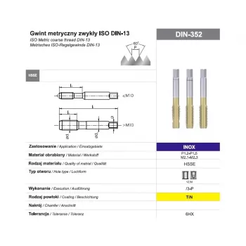Set ručnih ureznika navoja M5, 3 dijela, HSSE TiN prevučeno, DIN 352, 6HX, za nehrđajući čelik
