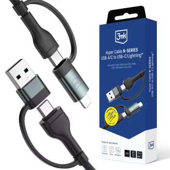 3mk Hyper Cable N-SERIES USB-A/USB-C na USB-C/Lightning 1,2 m 9V/2A 60W crni