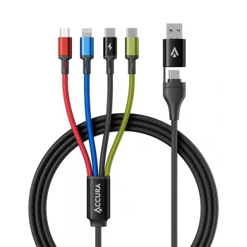 Accura 8-u-1 višenamjenski kabel za punjenje USB-A/USB-C na 2x USB-C, Lightning, Micro USB, 3.0A, 1,2m, crni