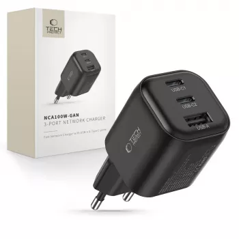 TECH-PROTECT NCA100W-GaN 3-Port GaN zidni punjač 100W PD 3.2 / QC3.0 crni