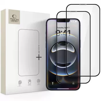 Tech-Protect Glass Fit+ kaljeno staklo za zaštitu zaslona za Apple iPhone 13/13 Pro/14/16e/17e, crni okvir, pakiranje od 2