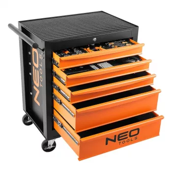 NEO TOOLS radionički ormar, 5 ladica + 117 alata, vodilice s kugličnim ležajevima, središnja brava, 400 kg statičkog opterećenja, crni