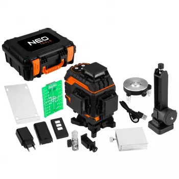 NEO TOOLS 75-140 3D Laser Level, 12 Green Lines, 3 x 360°, Rechargeable, with Carrying Case, Target Plate, Magnetic Holder, Charger