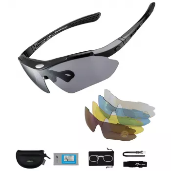 Rockbros 10003 Polarized Cycling Glasses with 5 Interchangeable Lenses, UV400, TR90 Frame, Black