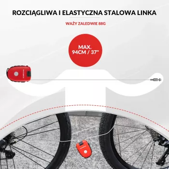 Rockbros uvlačiva kabelska brava 32420981001, crvena – 3-znamenkasta kombinacija, 90 cm pleteni čelik