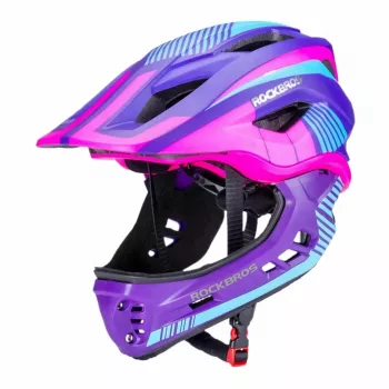 Rockbros TT-32SBPP-S dječja konvertibilna biciklistička kaciga s odvojivim štitnikom za bradu, ljubičasto-ružičasta, veličina S (48-53 cm)