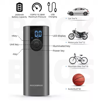 ROCKBROS električna pumpa za bicikl s LED zaslonom, USB-C punjenje, 150 PSI, Presta/Schrader/Dunlop, crna