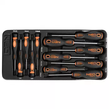 NEO TOOLS 12-dijelni set preciznih i standardnih odvijača s PZ, TX, prorez, Phillips, magnetskim vrhovima, krom-vanadij čelik, dvokomponentne ručke, kutija za pohranu