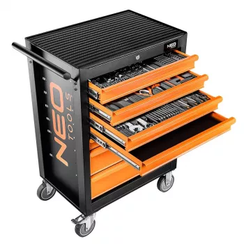 NEO TOOLS 84-222-9 radionički ormar sa 7 ladica i setom alata od 129 dijelova, crveni/crni, kuglične vodilice, središnja brava, nosivost 400 kg