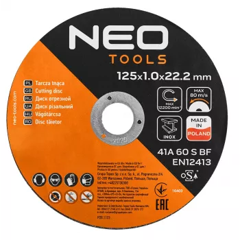 NEO TOOLS Metal Cutting Discs 41A 60 S BF - 125x1.0x22.23 mm STEEL/INOX, 100 Pieces in Bucket