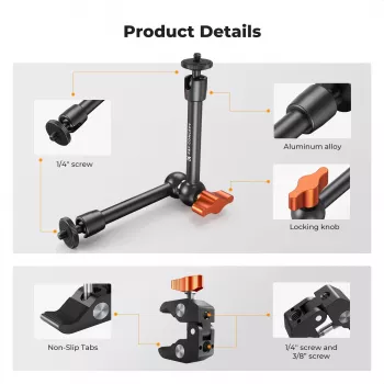KF Magic Arm + Super Clamp set za montažu s 1/4 inch i 3/8 inch navojem, čeljust 15-55 mm, crni