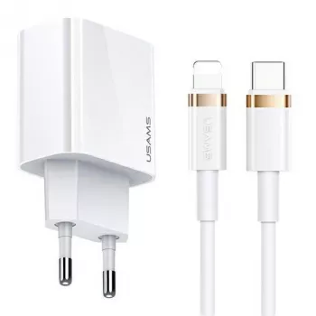 USAMS T34 20W USB-C PD zidni punjač s U63 USB-C na Lightning kabel set - bijeli