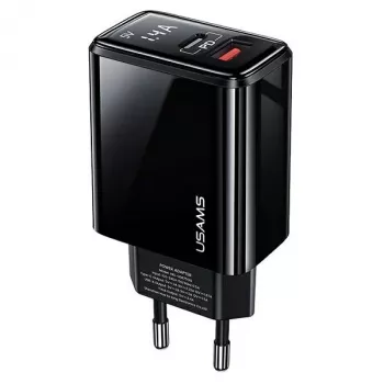 USAMS 20W dvoportni USB-C PD3.0 + USB-A QC3.0 zidni punjač (EU utikač, crni)