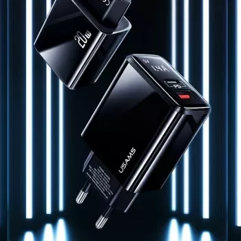 USAMS 20W dvoportni USB-C PD3.0 + USB-A QC3.0 zidni punjač (EU utikač, crni)