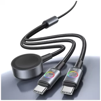USAMS Huan Series SJ754 72W USB-C na USB-C kabel s integriranim magnetskim bežičnim punjačem za pametni sat, crni, 1,2m
