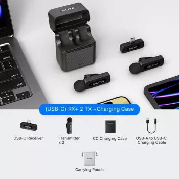 BOYA BY-V30 Wireless Lavalier Microphone System for USB-C Devices, 2.4GHz, 50m Range, 9-Hour Battery, Noise Cancellation, Black