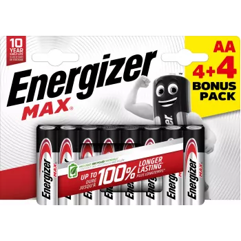 Energizer Max AA alkalne baterije, 1,5 V, paket od 8 (4+4)