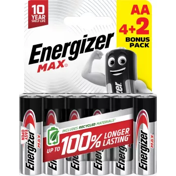 Energizer Max AA alkalne baterije, 1,5 V, paket od 6 (4+2)