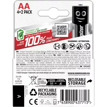 Energizer Max AA alkalne baterije, 1,5 V, paket od 6 (4+2)