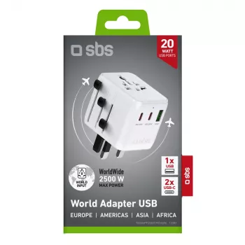 SBS univerzalni putni adapter s 2x USB-C PD 20W i 1x USB-A QC 18W, ukupna snaga 35W, bijeli