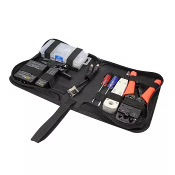 DSIT DC-TOOLSET-PRO profesionalni set alata za mreže s kliještima za krimpanje, testerom, LSA alatom za utiskivanje, kliještima, odvijačima, konektorima i torbicom na zatvarač