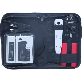 DSIT 9-dijelni set alata za instalaciju i popravak mreža s RJ45 kliještima za krimpanje, testerom kabela, alatom za utiskivanje i torbicom na zatvarač (DC-TOOLSET)