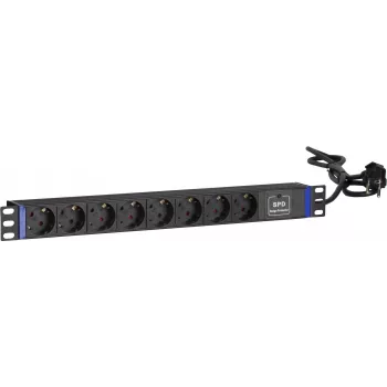 DSIT 19 inch rack produžni kabel s 8 utičnica i zaštitom od prenapona, PDU s 2m kabelom, 16A, 1U, crni