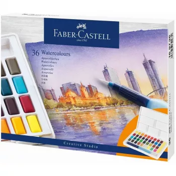 Faber-Castell Creative Studio set akvarelnih boja, 36 boja u čvrstim posudicama s kistom i spužvom, paleta za miješanje u poklopcu, studentska kvaliteta, prozirna, punjiva, prijenosna plastična kutija