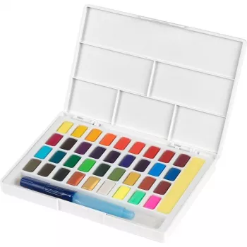 Faber-Castell Creative Studio set akvarelnih boja, 36 boja u čvrstim posudicama s kistom i spužvom, paleta za miješanje u poklopcu, studentska kvaliteta, prozirna, punjiva, prijenosna plastična kutija