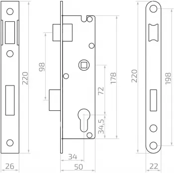 PSG 63.211 L/P Mortise Lock with Latch and Deadbolt, Reversible, 220 x 22 mm Faceplate, 72 mm PZ, 50 mm Backset, Zinc-Plated Steel