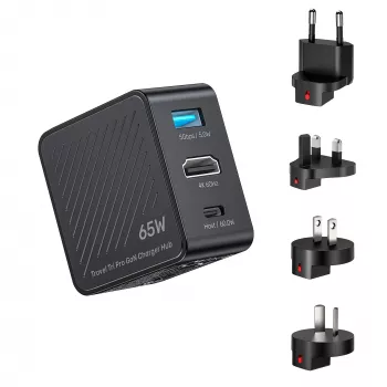 UNITEK P1242ABK01 GaN 3-u-1 putni punjač-hub 65W s 4K@60Hz HDMI, USB-A i USB-C