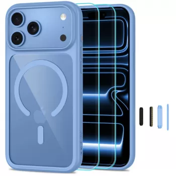 TECH-PROTECT MAGONE MagSafe Clear Case with 2-Pack Glass Screen Protector for iPhone 17 Pro Max / 18 Pro Max - Light Blue