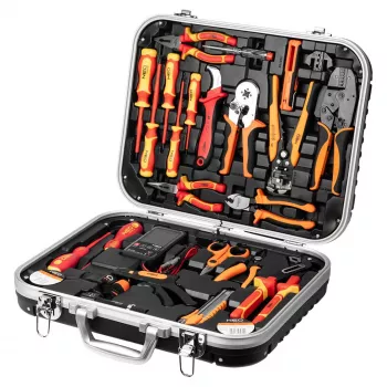 NEO TOOLS 25-dijelni set električarskog alata u koferu, VDE izolirani ručni alat s ispitivačem napona, kliještima za skidanje izolacije, kliještima, odvijačima i priborom u izdržljivom plastičnom koferu