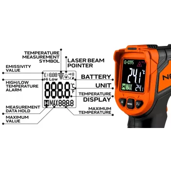 NEO TOOLS 75-276 pirometar, beskontaktni infracrveni termometar s dvostrukim laserskim nišanjenjem, -50 °C do 880 °C, 12:1 D:S, podesiva emisivnost, LCD s pozadinskim osvjetljenjem