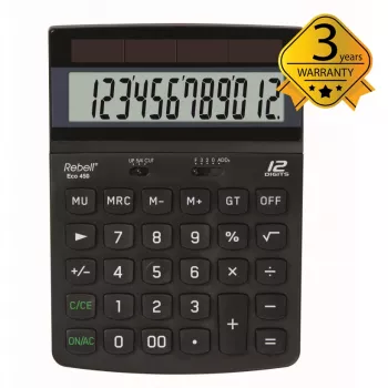REBELL RE-ECO 450 BX stolni kalkulator, 12-znamenkasti LCD, dvostruko napajanje, reciklirana plastika, crni