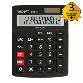 REBELL RE-8118-12 BX polustolni kalkulator, 12-znamenkasti zakrivljeni LCD, dvostruko napajanje solarno i baterija, crni
