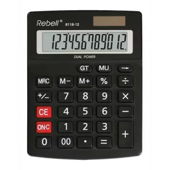 REBELL RE-8118-12 BX polustolni kalkulator, 12-znamenkasti zakrivljeni LCD, dvostruko napajanje solarno i baterija, crni
