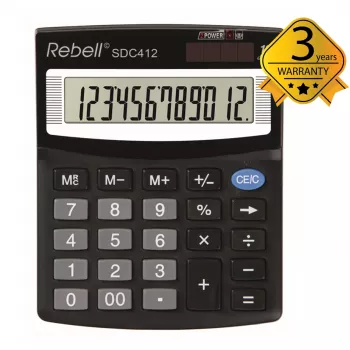 REBELL RE-SDC412 BX polustolni kalkulator, 12-znamenkasti LCD, dvojno napajanje, crni