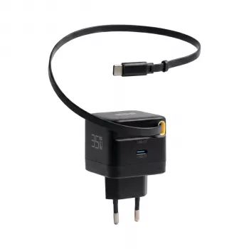 EFB Elektronik G352CE 35W GaN USB-C zidni punjač s uvlačivim kabelom 0,7m, PD3.0 i QC3.0, crni