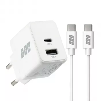 EFB Elektronik G201A1CE 20W GaN USB-C PD3.0 + USB-A QC3.0 set zidnog punjača s 2m USB-C kabelom, bijeli